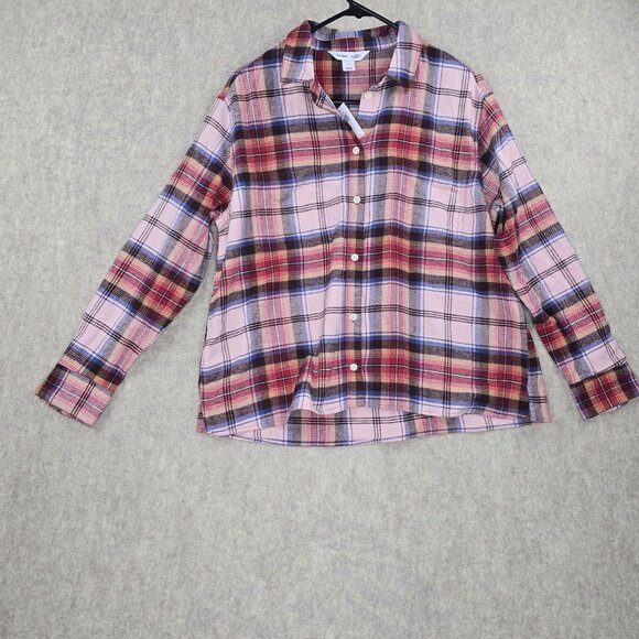 Old Navy Womens Boyfriend Shirt Plaid Button-Up Long Sleeve Pink/Red 100% Cotton - Picture 1 of 7